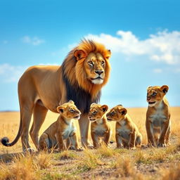 A beautiful scene depicting an adult lion and an adult lioness with their three adorable cubs in a natural environment