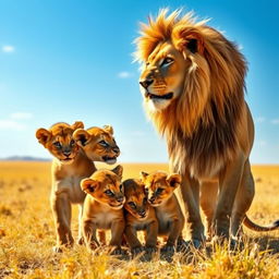 A beautiful scene depicting an adult lion and an adult lioness with their three adorable cubs in a natural environment