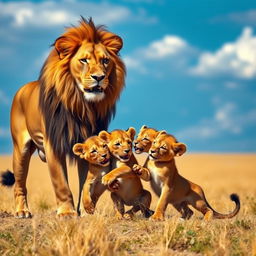 A beautiful scene depicting an adult lion and an adult lioness with their three adorable cubs in a natural environment