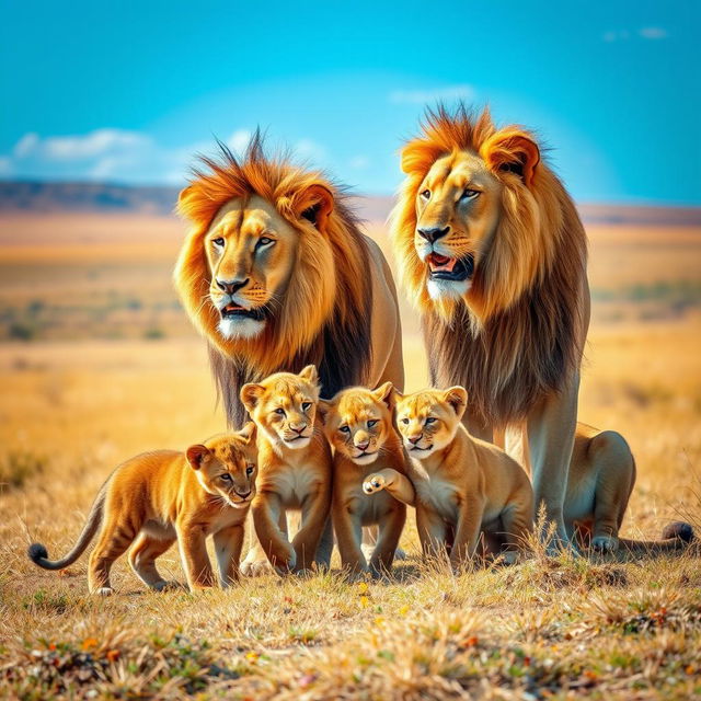 A beautiful scene depicting an adult lion and an adult lioness with their three adorable cubs in a natural environment