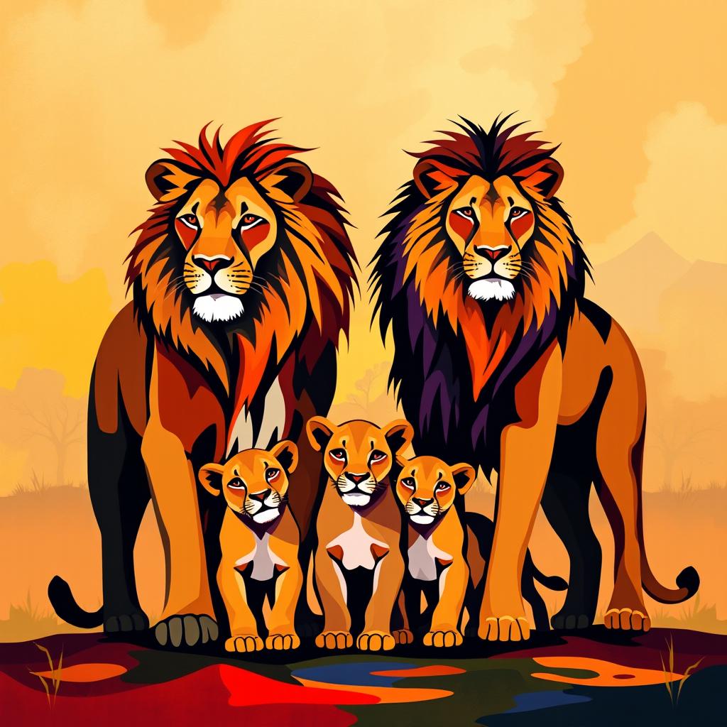 An abstract representation of an adult lion and an adult lioness standing side by side, with three playful cubs in front of them