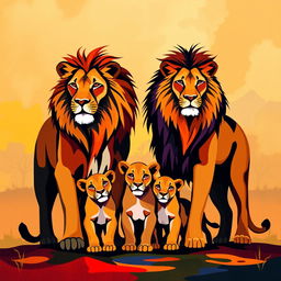 An abstract representation of an adult lion and an adult lioness standing side by side, with three playful cubs in front of them