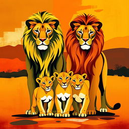 An abstract representation of an adult lion and an adult lioness standing side by side, with three playful cubs in front of them