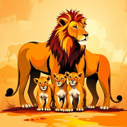 An abstract representation of an adult lion and an adult lioness standing side by side, with three playful cubs in front of them