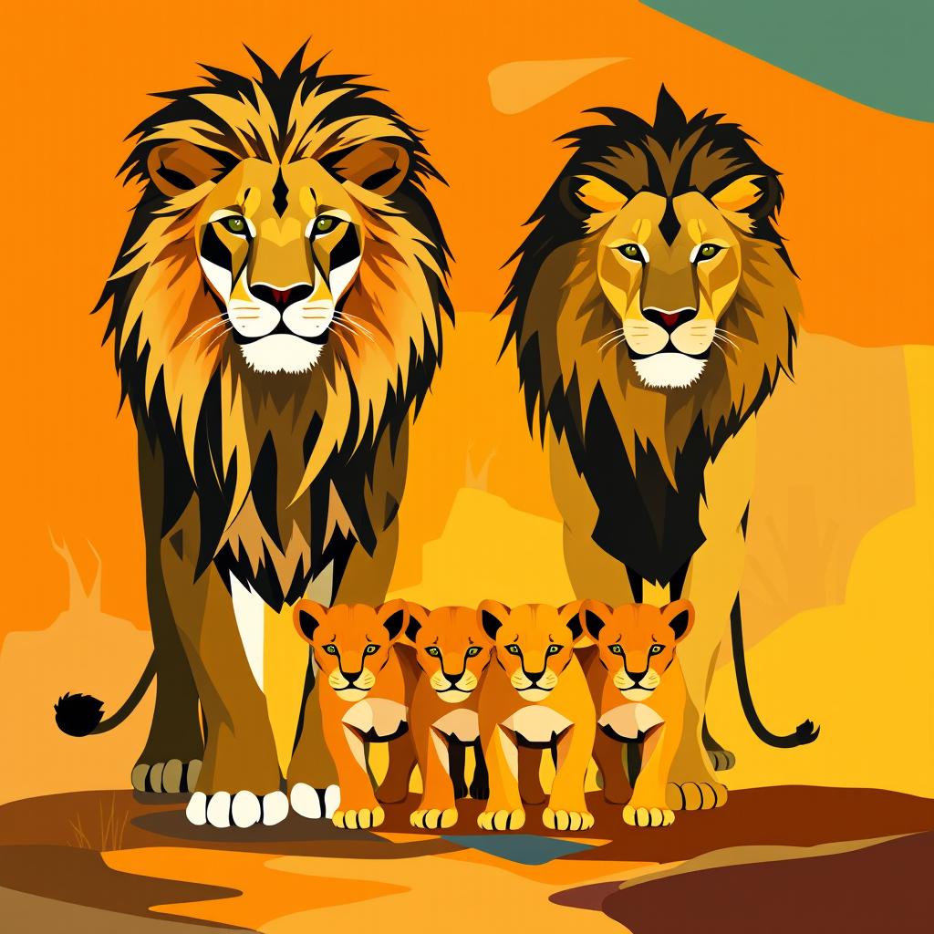 An abstract representation of an adult lion and an adult lioness standing side by side, with three playful cubs in front of them