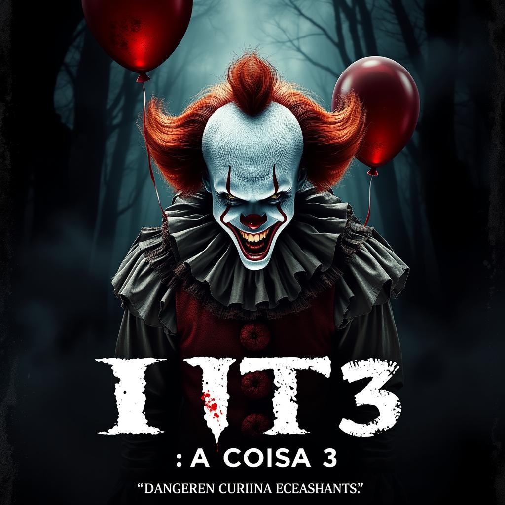 A chilling movie poster for a horror film titled 'It: A Coisa 3', featuring a sinister clown with a terrifying grin, dressed in a tattered, colorful costume