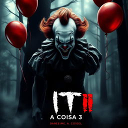 A chilling movie poster for a horror film titled 'It: A Coisa 3', featuring a sinister clown with a terrifying grin, dressed in a tattered, colorful costume