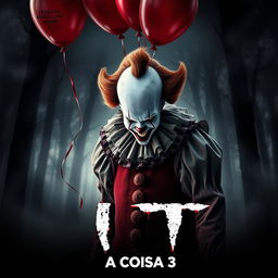 A chilling movie poster for a horror film titled 'It: A Coisa 3', featuring a sinister clown with a terrifying grin, dressed in a tattered, colorful costume