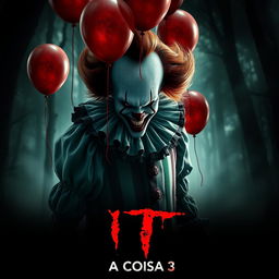 A chilling movie poster for a horror film titled 'It: A Coisa 3', featuring a sinister clown with a terrifying grin, dressed in a tattered, colorful costume