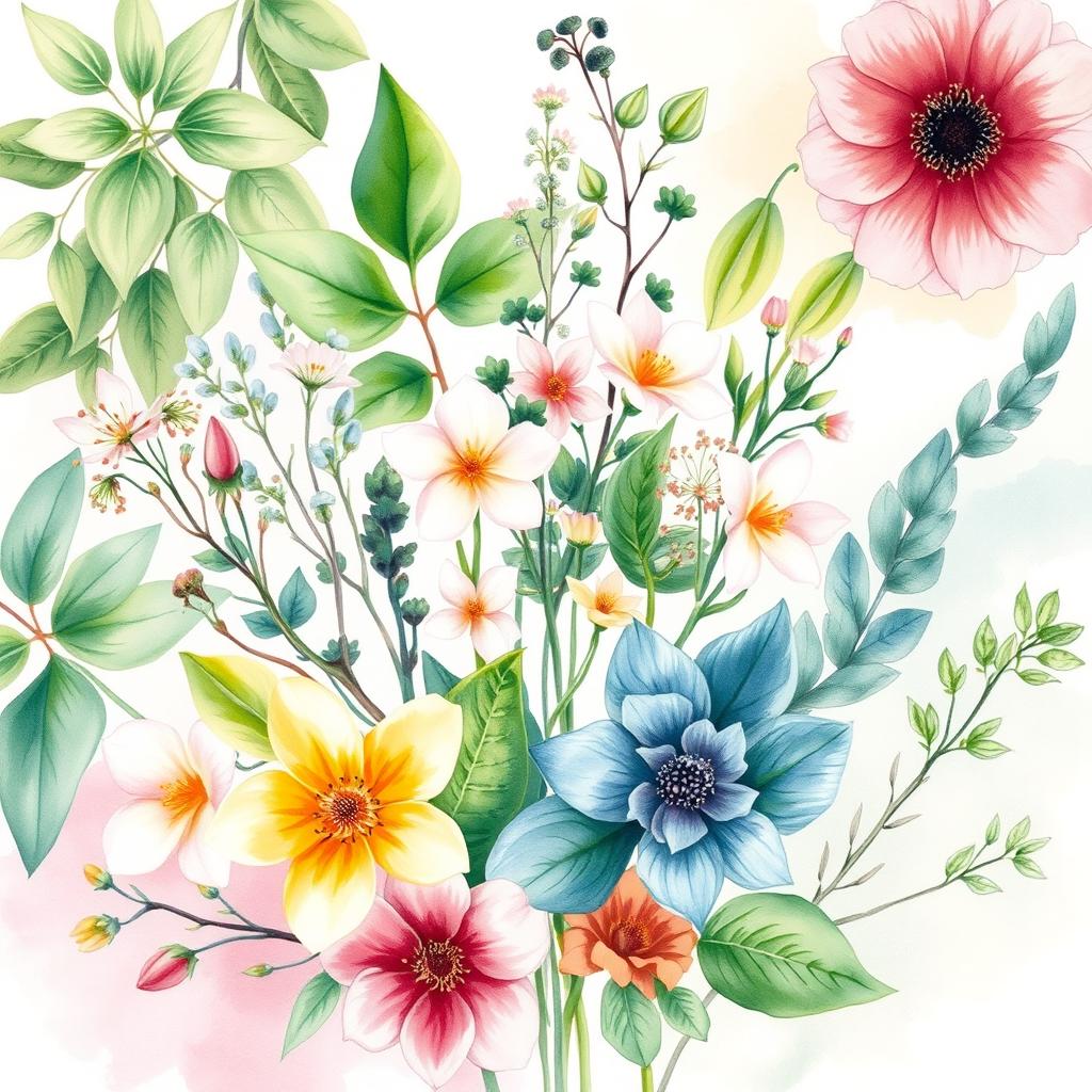 A stunning watercolor illustration of various plants, showcasing a vibrant collection of foliage and flowers