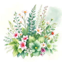 A stunning watercolor illustration of various plants, showcasing a vibrant collection of foliage and flowers