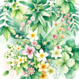 A stunning watercolor illustration of various plants, showcasing a vibrant collection of foliage and flowers