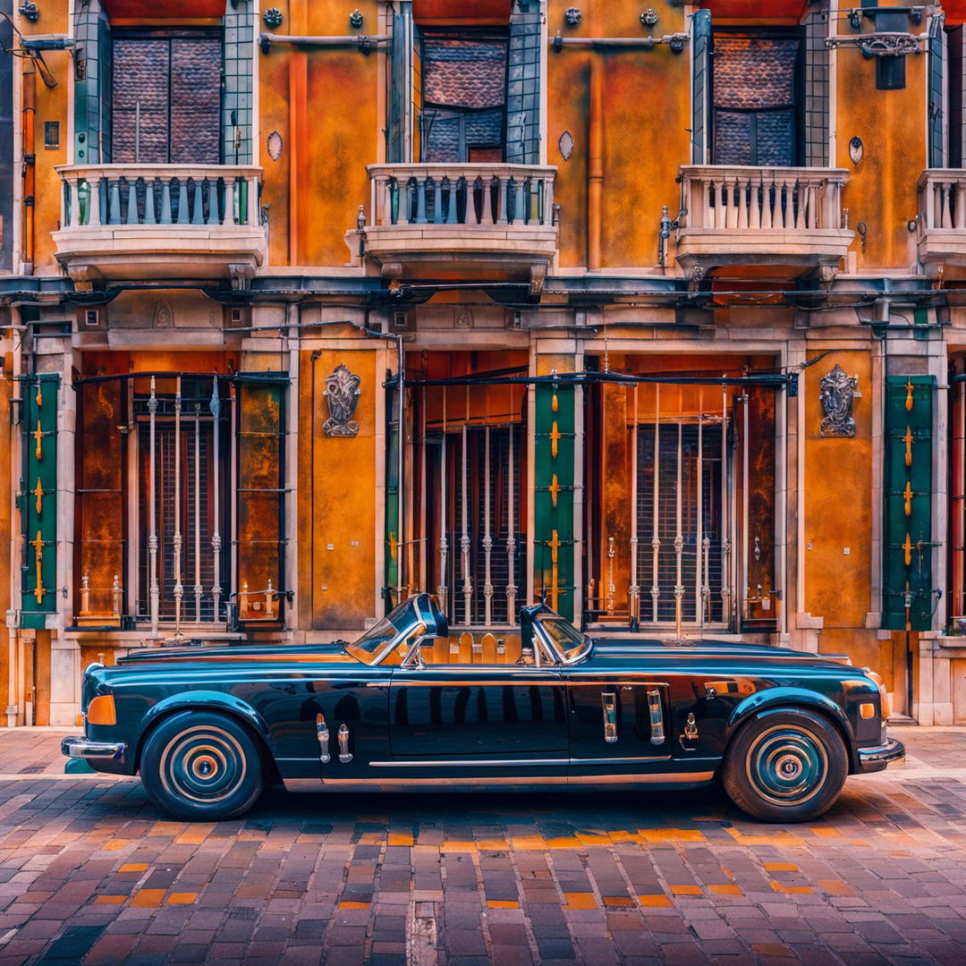 Editorial close-up of a black Rolls Royce hearse in Venice, captured in 32k HD by Amy Shore.