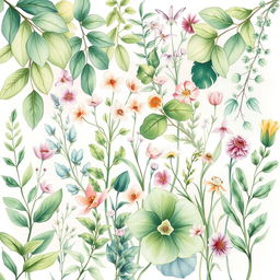 A stunning watercolor illustration of various plants, showcasing a vibrant collection of foliage and flowers