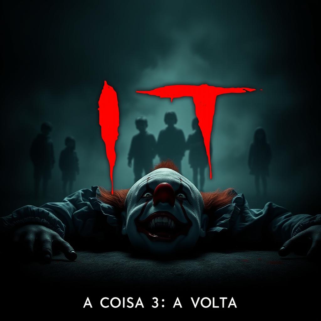 A horror movie poster for "It: A Coisa 3 - A Volta" featuring a menacing clown, his face twisted in malevolence, lying lifeless in the foreground