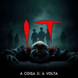 A horror movie poster for "It: A Coisa 3 - A Volta" featuring a menacing clown, his face twisted in malevolence, lying lifeless in the foreground