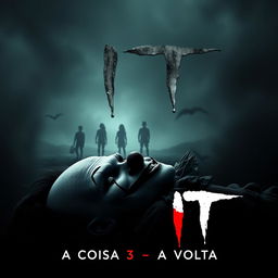 A horror movie poster for "It: A Coisa 3 - A Volta" featuring a menacing clown, his face twisted in malevolence, lying lifeless in the foreground