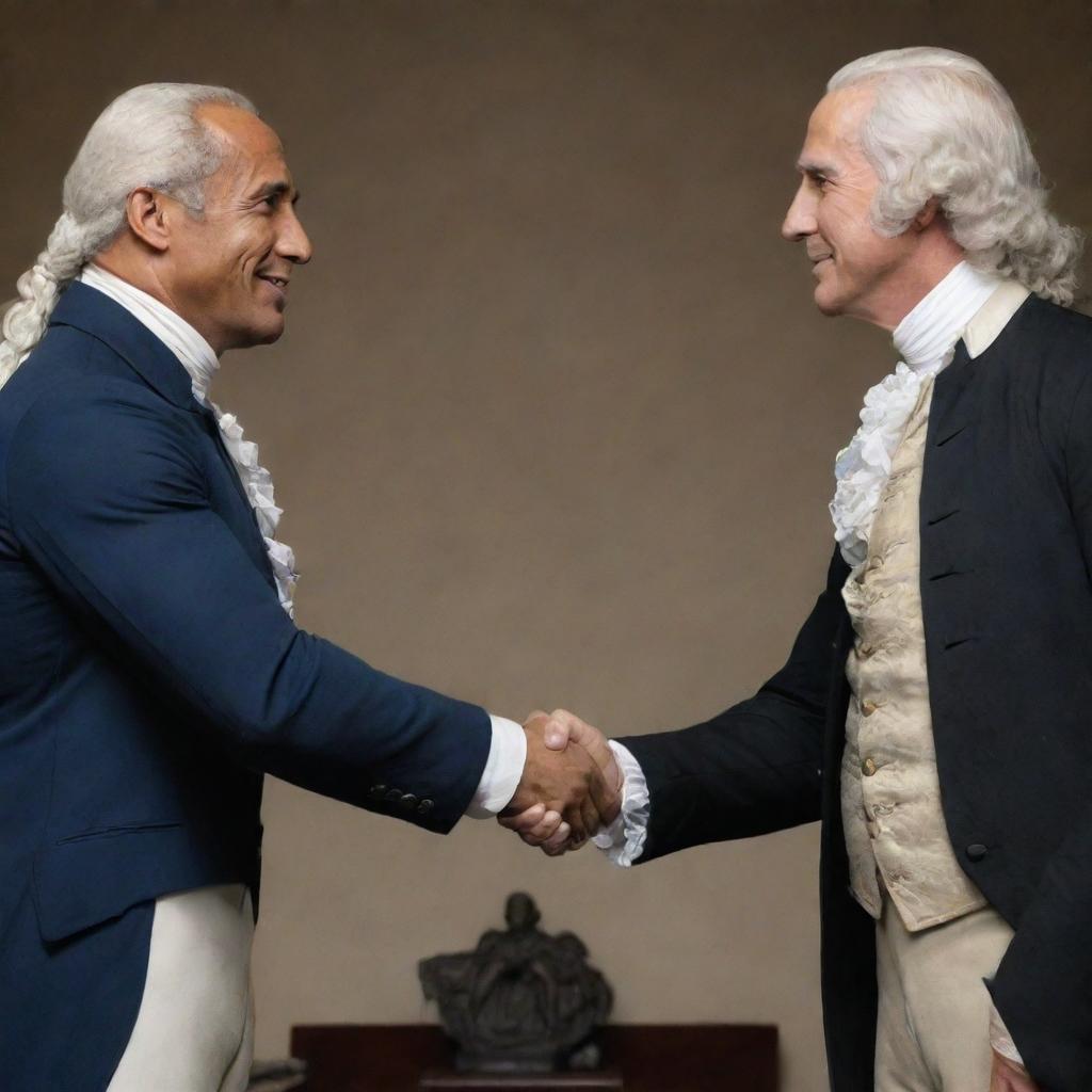 An artistic recreation showing Dwayne 'The Rock' Johnson in a friendly handshake with a figure of American history, George Washington, both dignified and respectful.