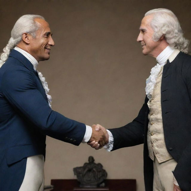 An artistic recreation showing Dwayne 'The Rock' Johnson in a friendly handshake with a figure of American history, George Washington, both dignified and respectful.