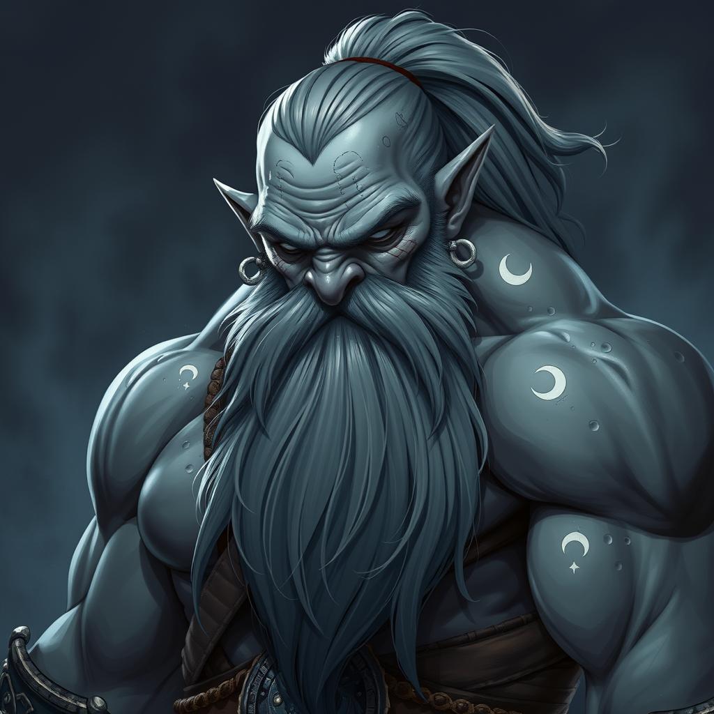 A muscular and imposing gray-skinned Half-Orc character with a long gray beard and lengthy hair tied back in a ponytail