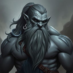 A muscular and imposing gray-skinned Half-Orc character with a long gray beard and lengthy hair tied back in a ponytail