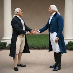 An artistic recreation showing Dwayne 'The Rock' Johnson in a friendly handshake with a figure of American history, George Washington, both dignified and respectful.