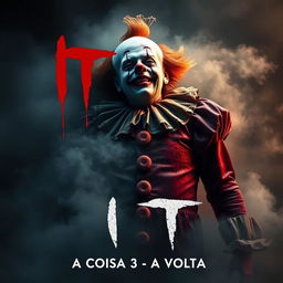 A horror movie poster titled "It: A Coisa 3 - A Volta", featuring a chilling depiction of a sinister clown that appears dead or lifeless, surrounded by an eerie atmosphere