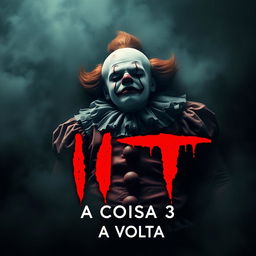 A horror movie poster titled "It: A Coisa 3 - A Volta", featuring a chilling depiction of a sinister clown that appears dead or lifeless, surrounded by an eerie atmosphere