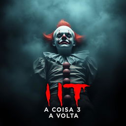 A horror movie poster titled "It: A Coisa 3 - A Volta", featuring a chilling depiction of a sinister clown that appears dead or lifeless, surrounded by an eerie atmosphere