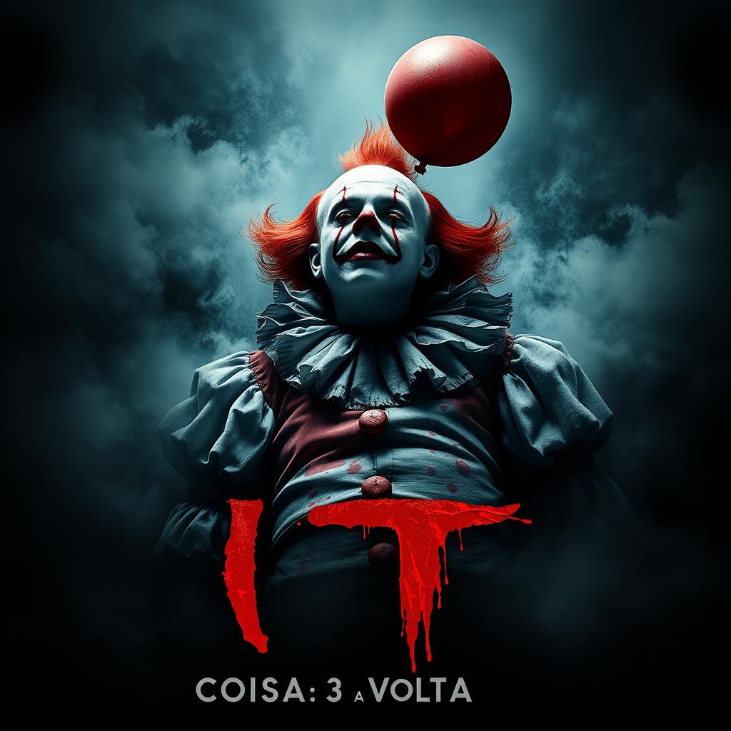 A horror movie poster titled "It: A Coisa 3 - A Volta", featuring a chilling depiction of a sinister clown that appears dead or lifeless, surrounded by an eerie atmosphere