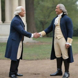 An artistic recreation showing Dwayne 'The Rock' Johnson in a friendly handshake with a figure of American history, George Washington, both dignified and respectful.