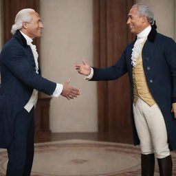 An artistic recreation showing Dwayne 'The Rock' Johnson in a friendly handshake with a figure of American history, George Washington, both dignified and respectful.