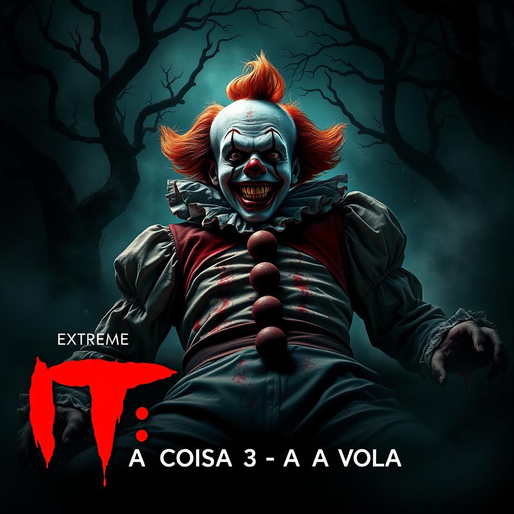 A terrifying movie poster for an extreme horror film titled "It: A Coisa 3 - A Volta", featuring a gruesome depiction of a dead clown in a horrifying and grotesque manner