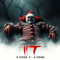 A terrifying movie poster for an extreme horror film titled "It: A Coisa 3 - A Volta", featuring a gruesome depiction of a dead clown in a horrifying and grotesque manner