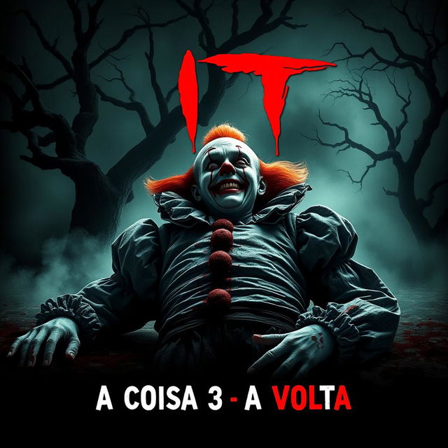 A terrifying movie poster for an extreme horror film titled "It: A Coisa 3 - A Volta", featuring a gruesome depiction of a dead clown in a horrifying and grotesque manner