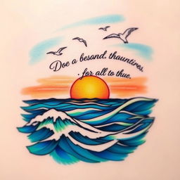 A stunning tattoo design that features a beautiful ocean scene combined with an inspiring quote