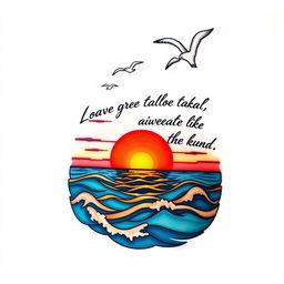 A stunning tattoo design that features a beautiful ocean scene combined with an inspiring quote