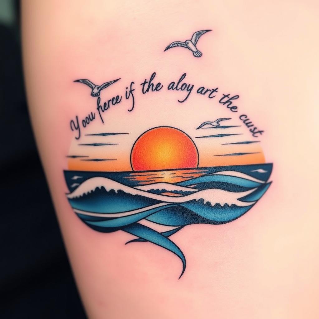 A stunning tattoo design that features a beautiful ocean scene combined with an inspiring quote