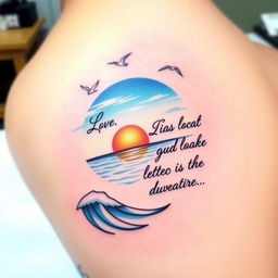 A stunning tattoo design that features a beautiful ocean scene combined with an inspiring quote