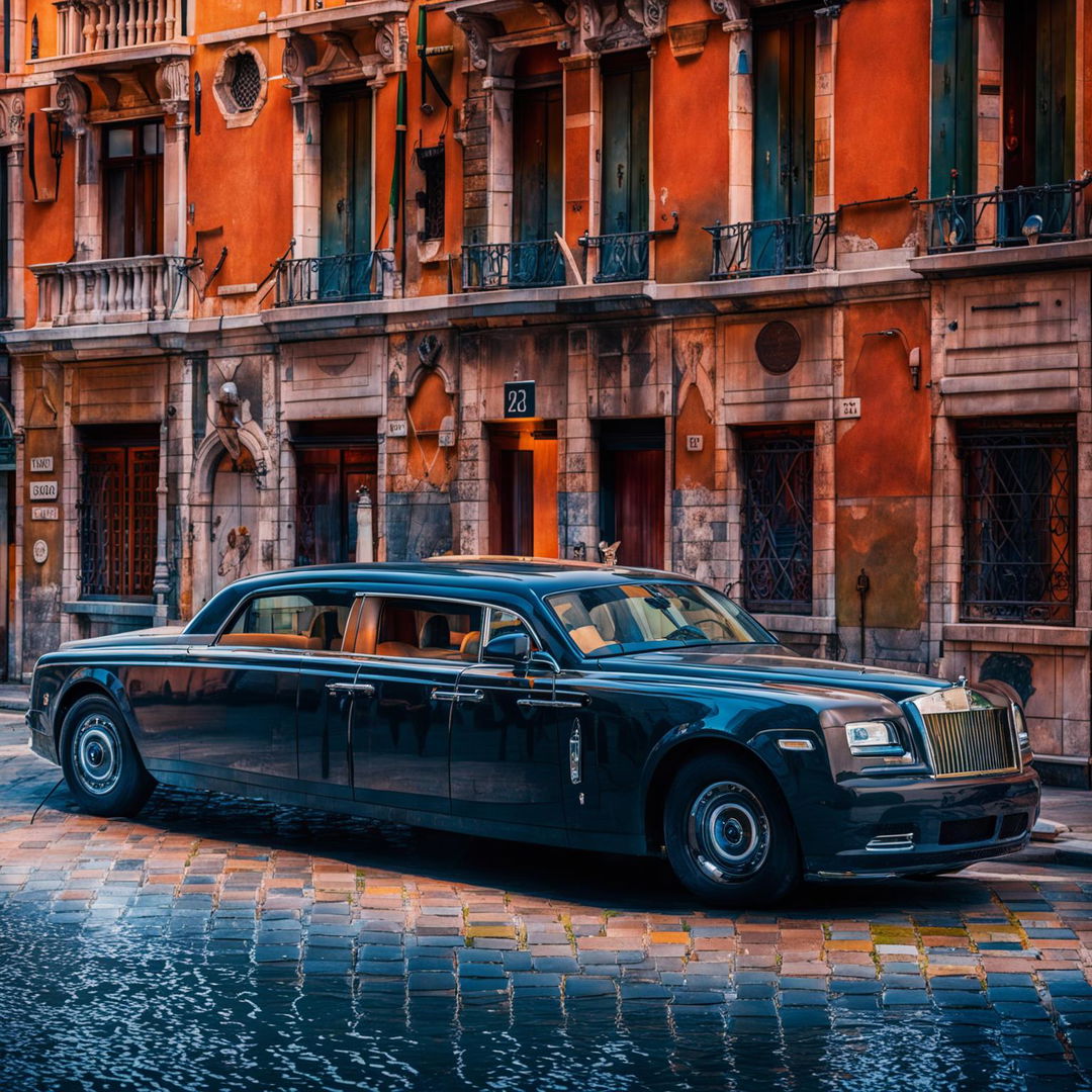 32k HD editorial photograph of a black Rolls Royce hearse in Venice, taken by Amy Shore.