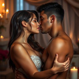 A sensual portrayal of two adults in a romantic and intimate setting, with soft lighting and elegant decor