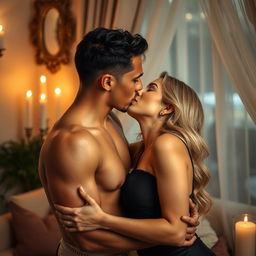 A sensual portrayal of two adults in a romantic and intimate setting, with soft lighting and elegant decor