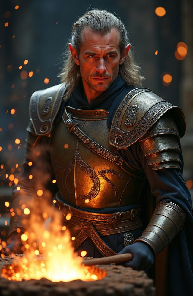 A live-action hyper realistic image of Celebrimbor, depicted as a middle-aged male elf with normal length hair and no facial hair