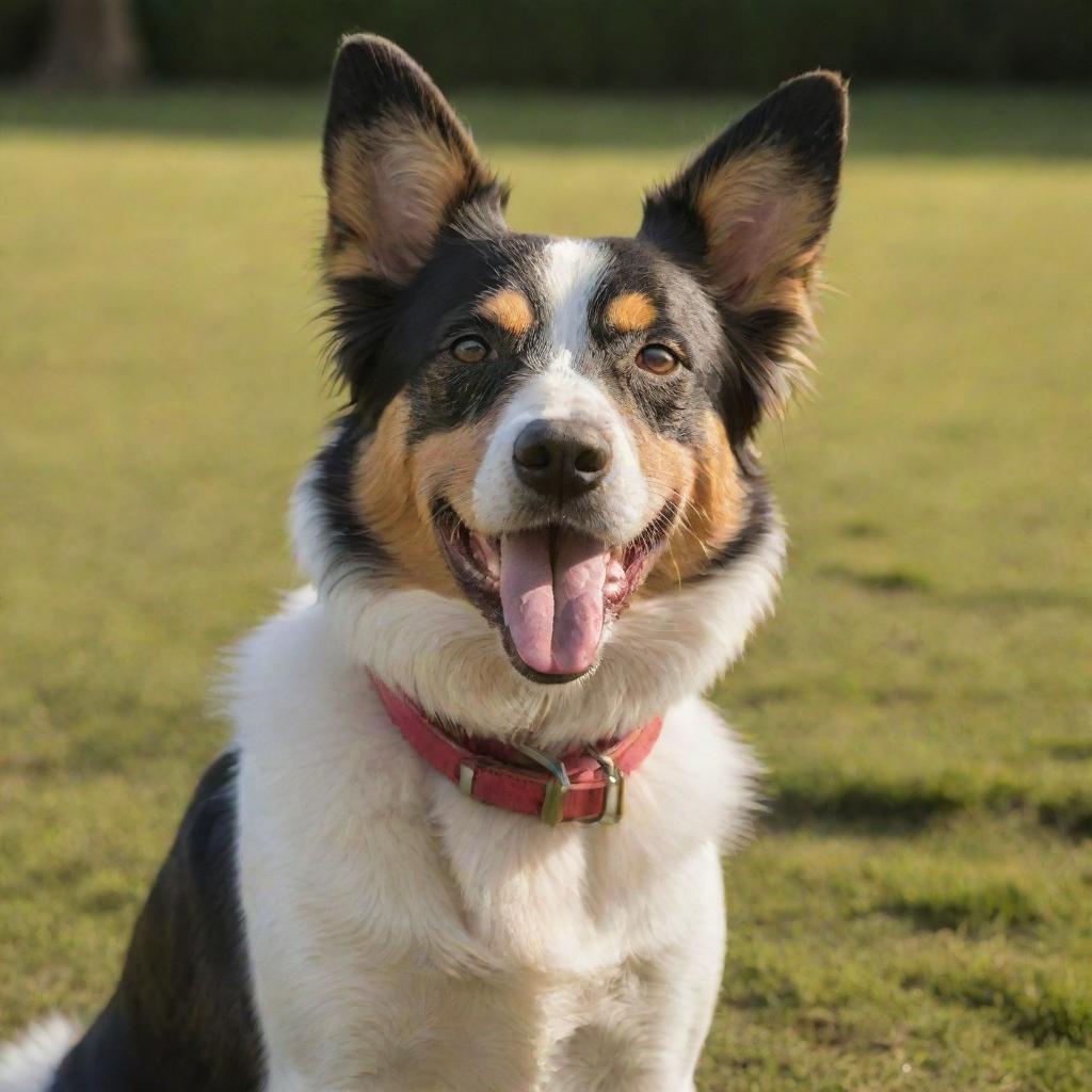 A well-groomed, healthy-looking medium sized dog basking in the afternoon sunlight with its tongue slightly out in a cheerful setting.