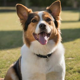 A well-groomed, healthy-looking medium sized dog basking in the afternoon sunlight with its tongue slightly out in a cheerful setting.