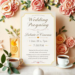 A stylish wedding invitation set against a beautifully decorated background, announcing a wedding program featuring a debate cinema event at 7:30 p