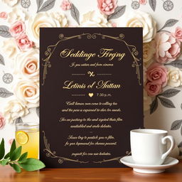 A stylish wedding invitation set against a beautifully decorated background, announcing a wedding program featuring a debate cinema event at 7:30 p