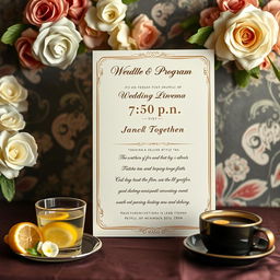 A stylish wedding invitation set against a beautifully decorated background, announcing a wedding program featuring a debate cinema event at 7:30 p