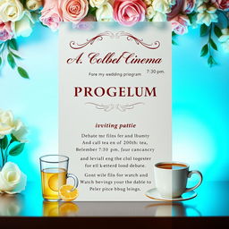 A stylish wedding invitation set against a beautifully decorated background, announcing a wedding program featuring a debate cinema event at 7:30 p