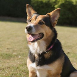 A well-groomed, healthy-looking medium sized dog basking in the afternoon sunlight with its tongue slightly out in a cheerful setting.